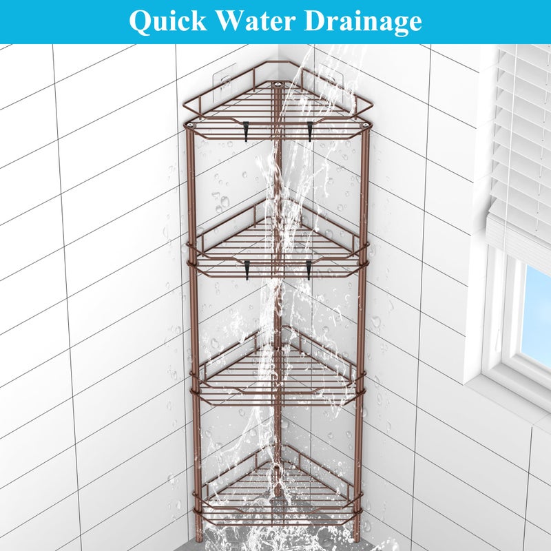 HuggieGems 4 Tier Floor Standing Corner Shower Caddy Organizer Shelf with Hooks, Bathroom Shelves Stand Rack, Coffee - Image 5